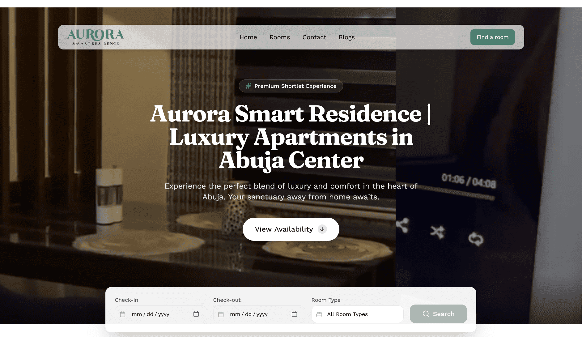 Aurora Residence booking homepage